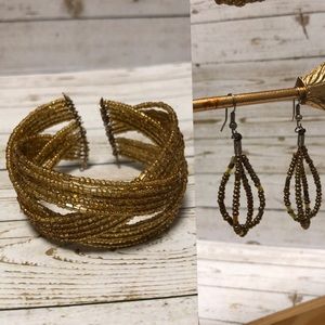 Gold beaded cuff bracelet and earrings set